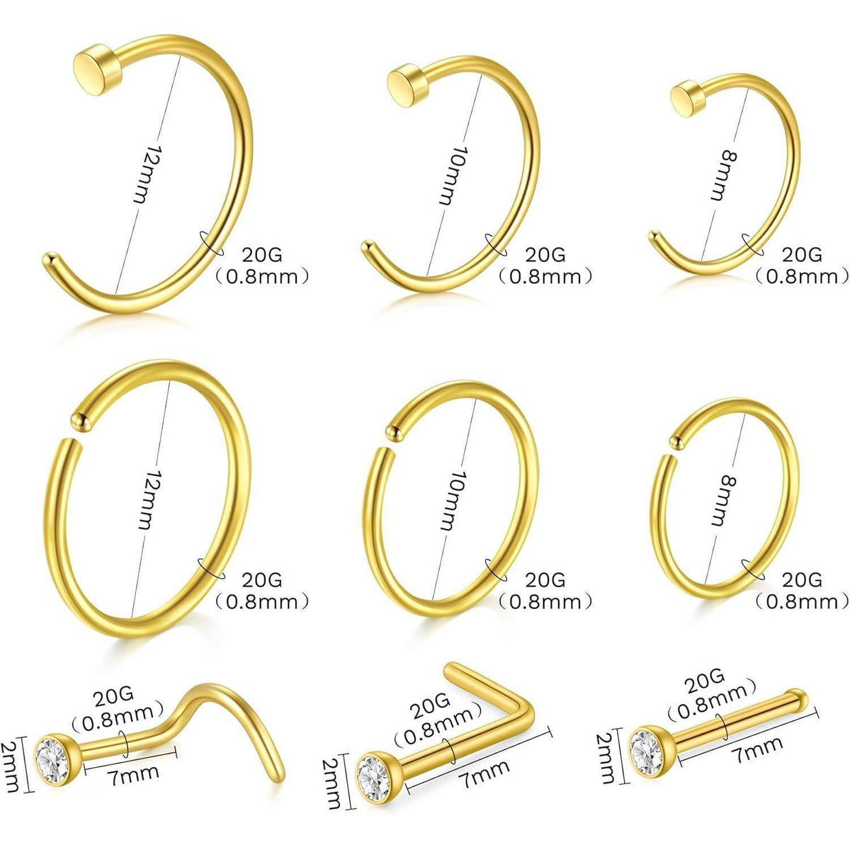 99tlg. Piercing Set mit Nadeln & Schmuck, 14G-20G, 316L Stahl, Gold 10mm