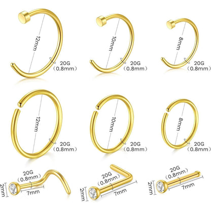 99tlg. Piercing Set mit Nadeln & Schmuck, 14G-20G, 316L Stahl, Gold 10mm