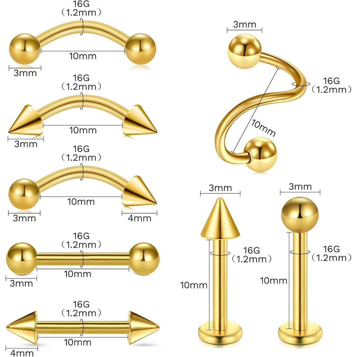 99tlg. Piercing Set mit Nadeln & Schmuck, 14G-20G, 316L Stahl, Gold 10mm