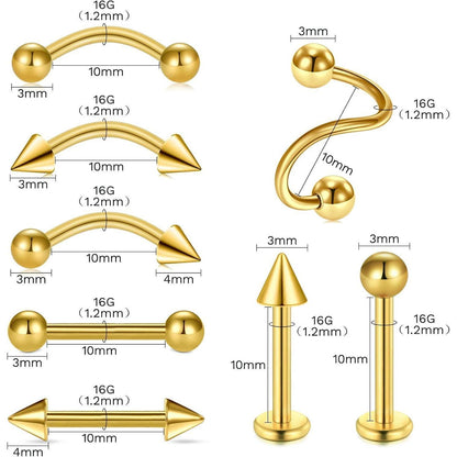 99tlg. Piercing Set mit Nadeln & Schmuck, 14G-20G, 316L Stahl, Gold 10mm
