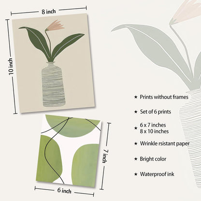Abstrakte Botanische Leinwandbilder Blumen Grün 6er Set Schlafzimmer