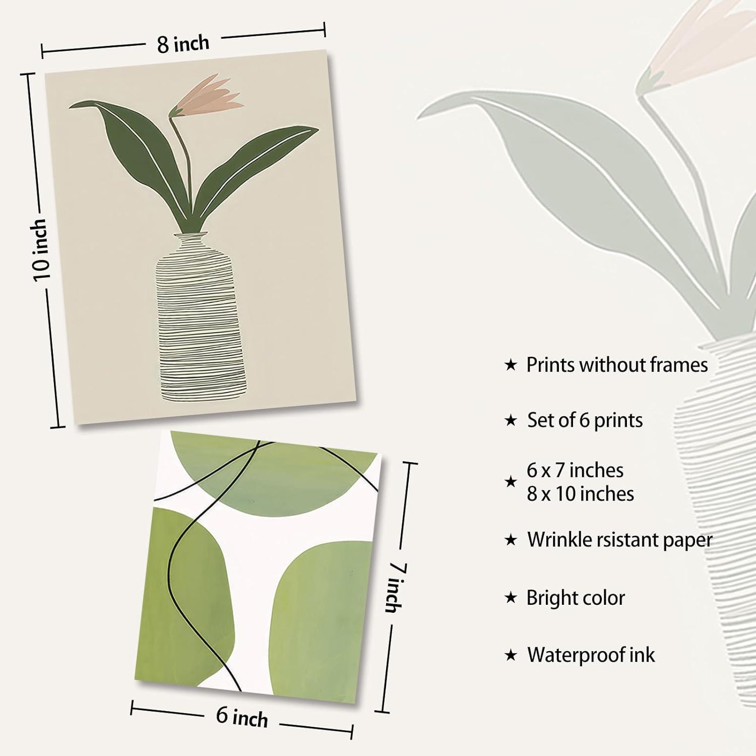 Abstrakte Botanische Leinwandbilder Blumen Grün 6er Set Schlafzimmer