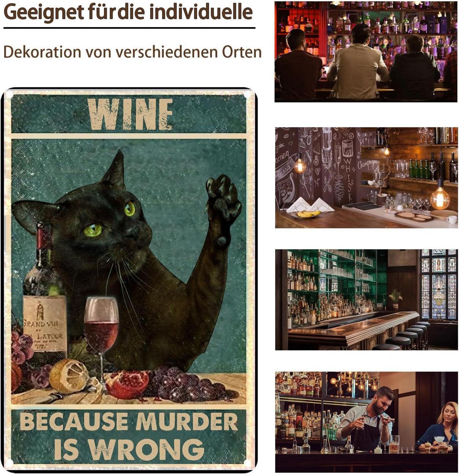 Vintage Aluminium Metall Schild 20x30cm Katze trinken Wine Because