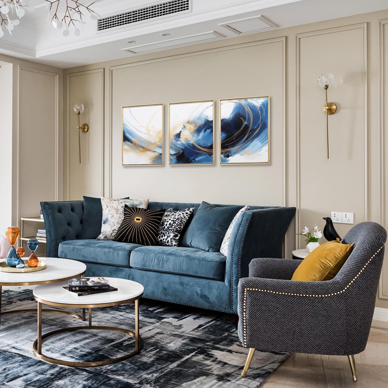 Abstrakte Blau Schwarz Gold Leinwandbilder 30x40 cm 3er Set