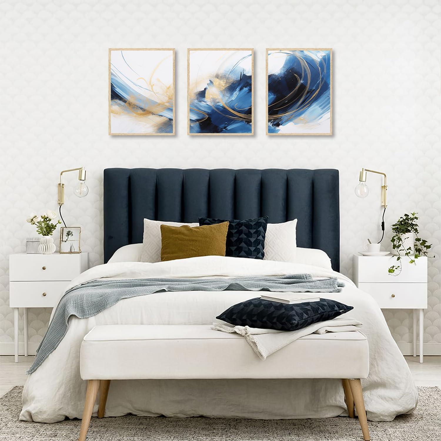 Abstrakte Blau Schwarz Gold Wandbilder Leinwand Deko Set 30x40 cm 3er