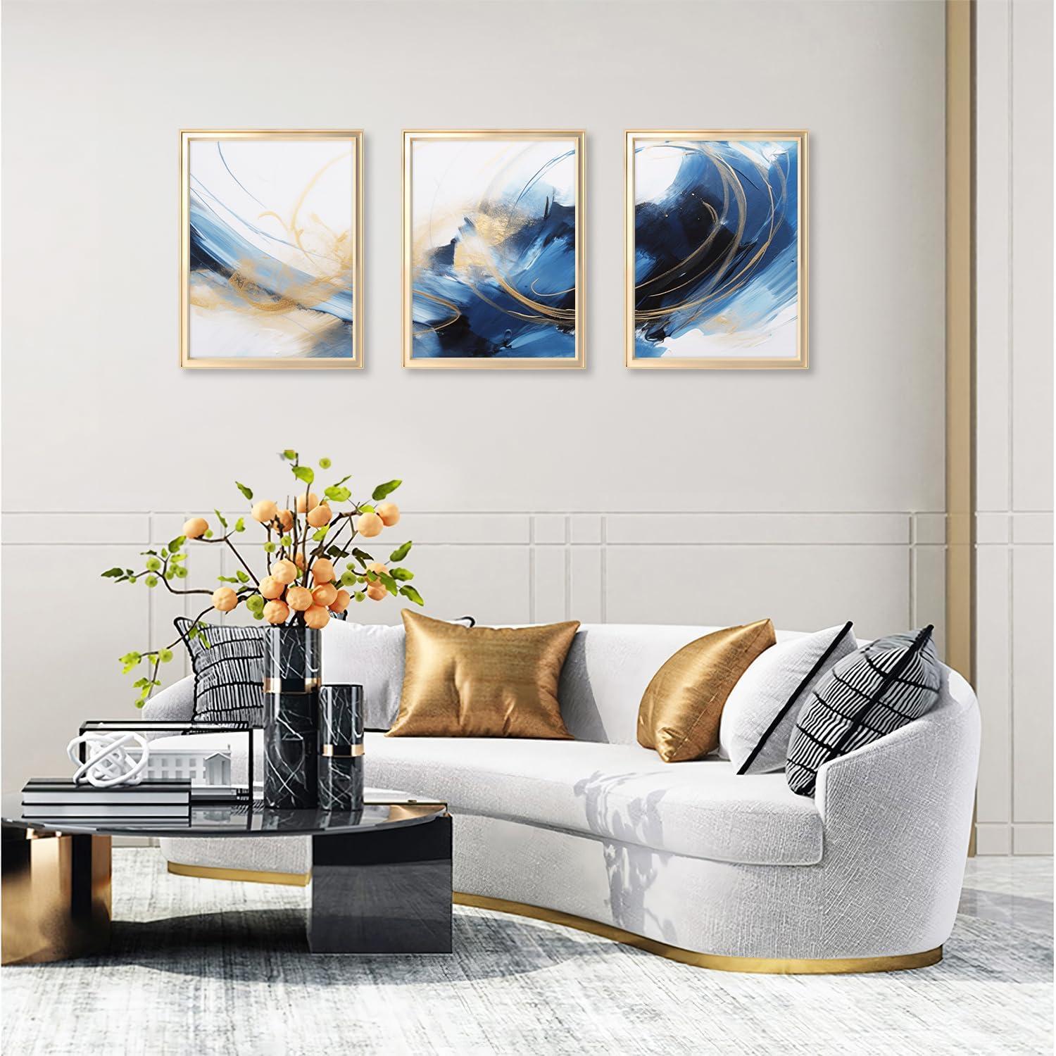 Abstrakte Blau Schwarz Gold Leinwandbilder 30x40cm 3er Set - Modernes Wandbild ohne Rahmen