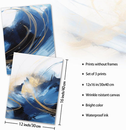 Abstrakte Wandbilder Blau Schwarz Gold Leinwand Bilder 30x40 cm 3er