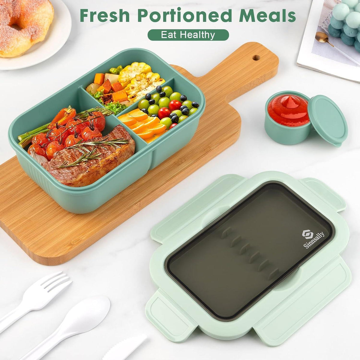 Brotdose Trennfächer 1250ml Lunchbox Kinder Erwachsene Besteck grün