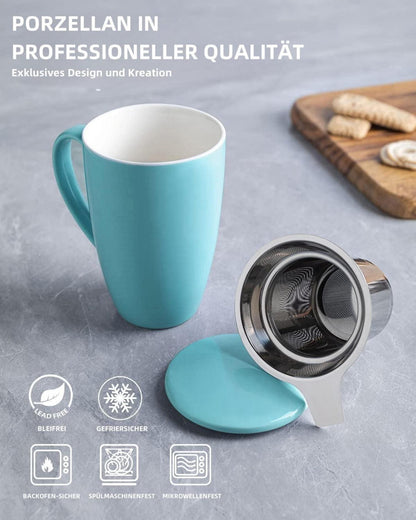 Porzellanteetasse mit Sieb und Deckel, 450ml - Türkis