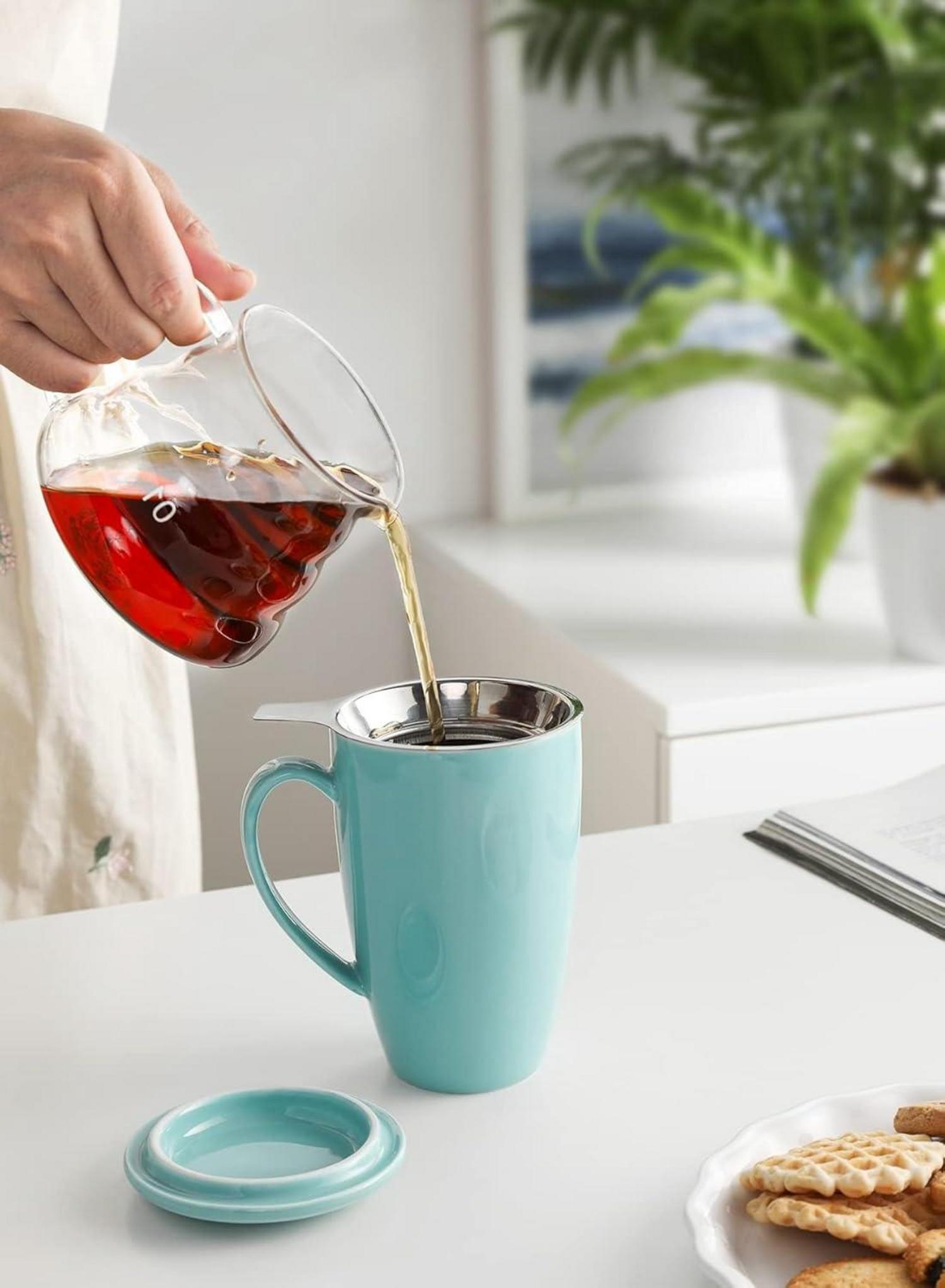 Porzellan Teetasse 450ml Deckel Sieb Tee Kaffee Milch Büro Zuhause_Türkis