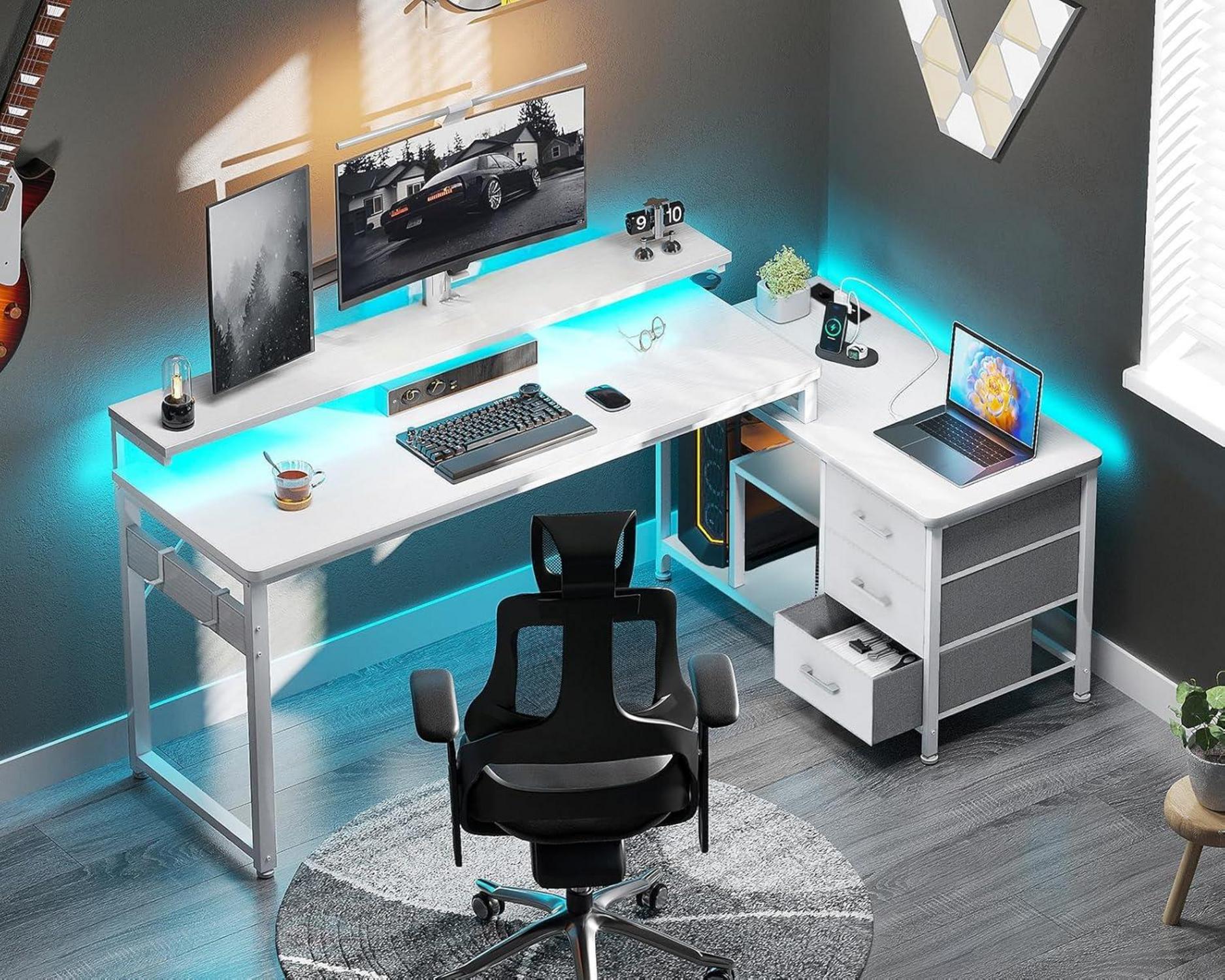ODK L-Form Schreibtisch mit LED Monitorständer & Schubladen 174x100cm