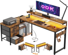 L-förmiger Schreibtisch mit Schubladen und LED, 174x100cm, Braun