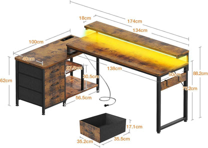 L-förmiger Schreibtisch mit Schubladen und LED, 174x100cm, Braun