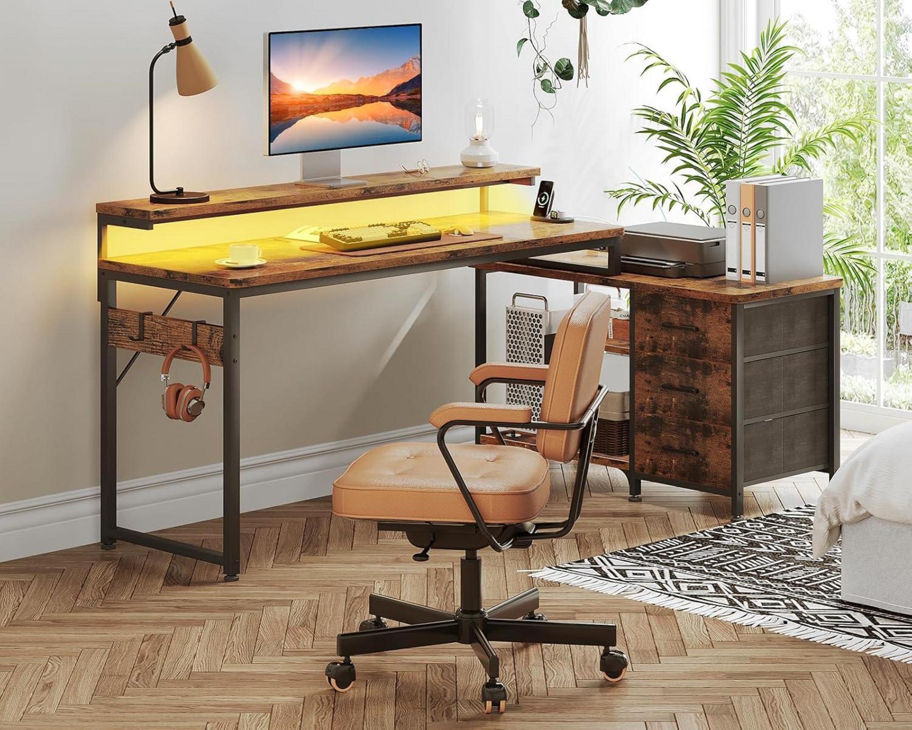 ODK L-förmiger Schreibtisch mit Schubladen und LED, 174x100cm, Braun