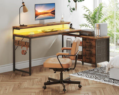 ODK L-förmiger Schreibtisch mit Schubladen und LED, 174x100cm, Braun