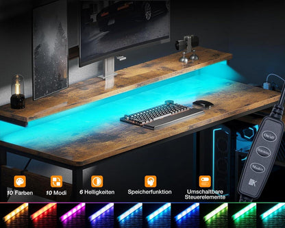L-förmiger Schreibtisch 174x100cm mit LED, Schubladen, USB, Braun