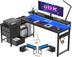 Schreibtisch L Form mit Schubladen und LED, 174x100cm, Schwarz
