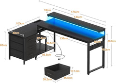 Schreibtisch L Form mit Schubladen und LED, 174x100cm, Schwarz