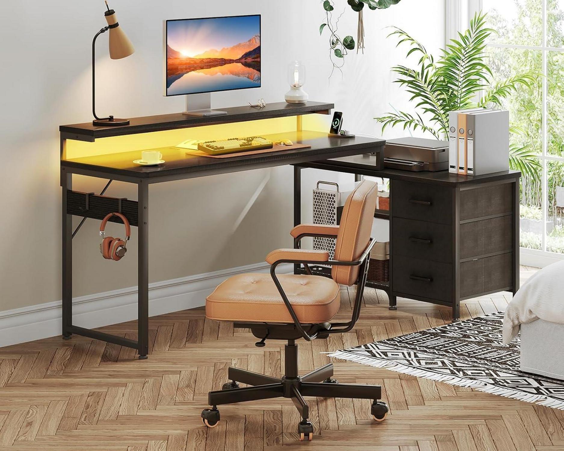 ODK Schreibtisch L Form mit Schubladen und LED, 174x100cm, Gaming Tisch, USB-Ladeanschluss, Schwarz
