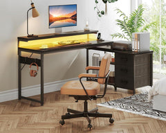ODK Schreibtisch L Form mit Schubladen und LED, 174x100cm, Gaming Tisch, USB-Ladeanschluss, Schwarz