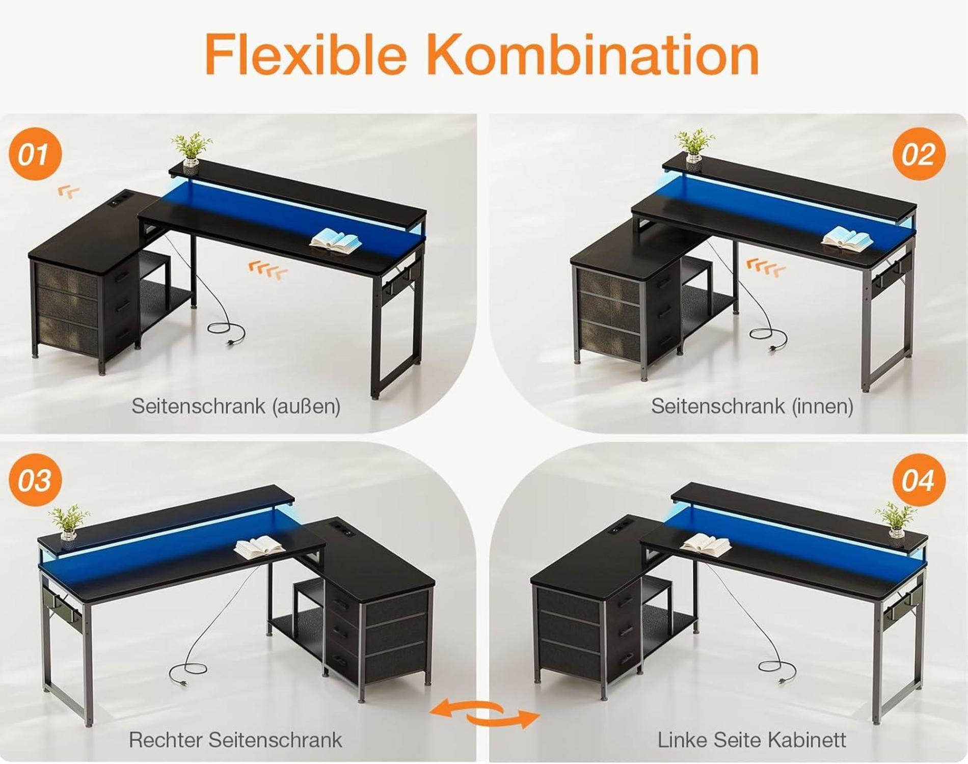 Schreibtisch L Form LED Gaming mit USB Schwarz 174x100cm