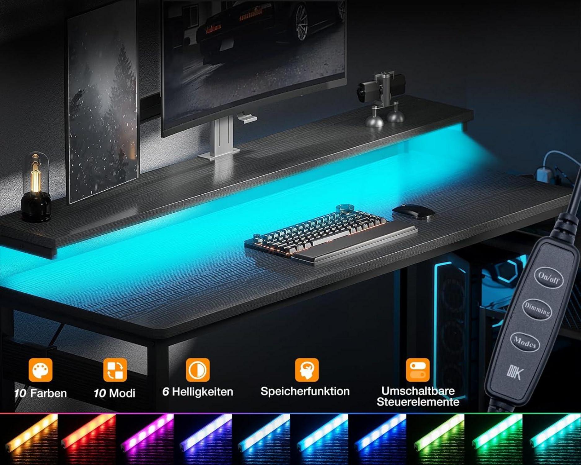 Schreibtisch L-Form LED USB Schubladen 174x100cm Schwarz