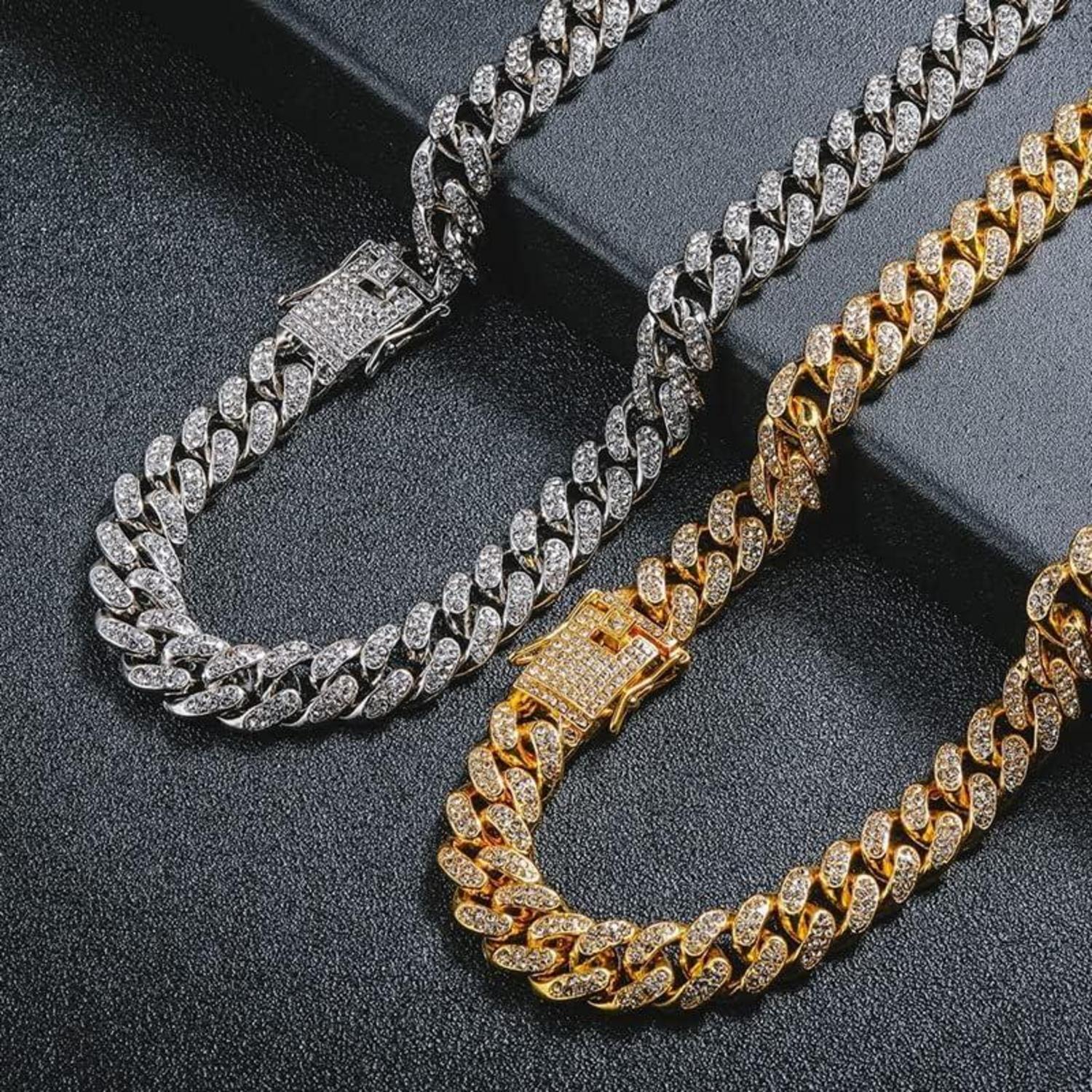 Silberne kubanische Gliederkette mit Strasssteinen, 12mm, Halskette und Armband Set