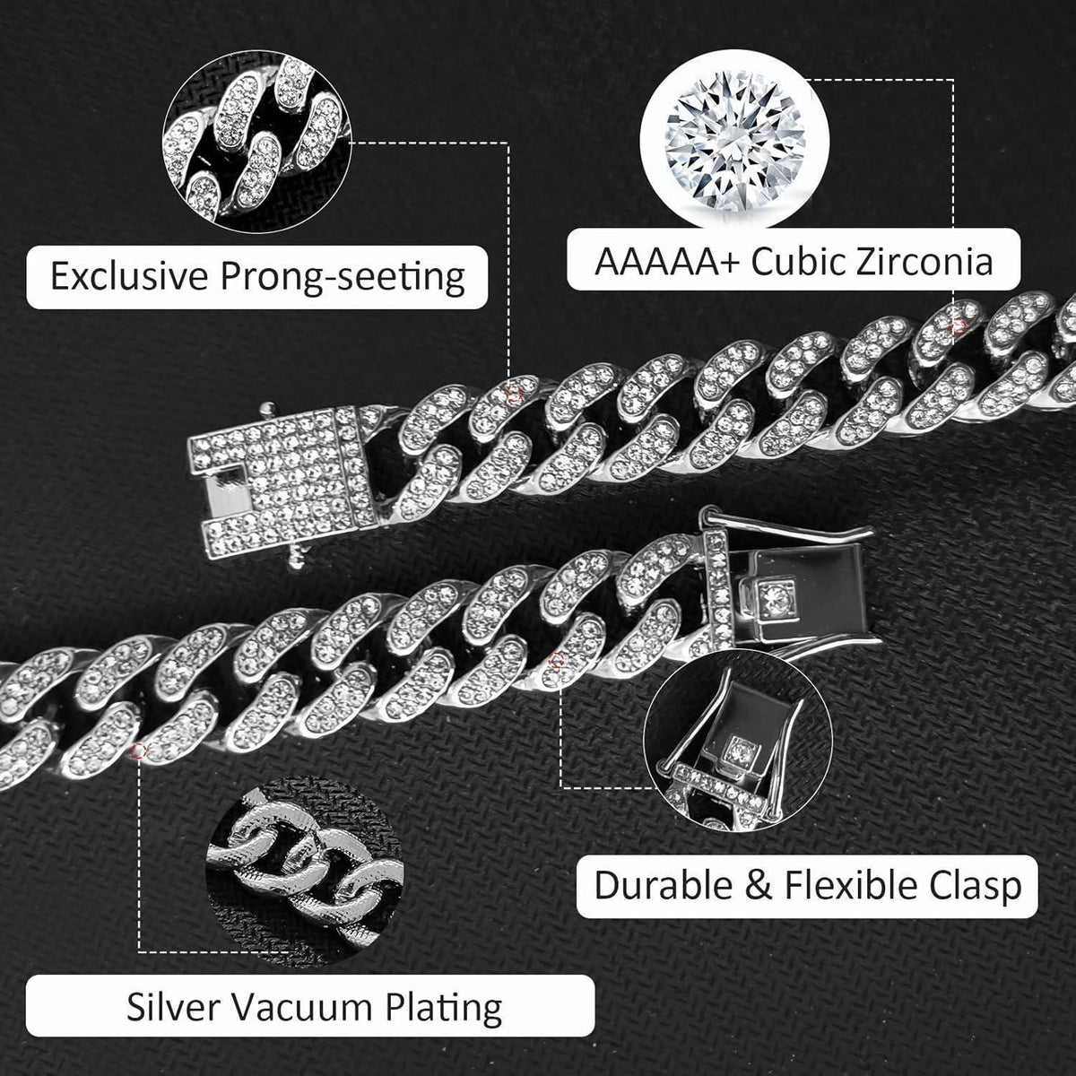 12mm Kubanische Gliederkette Silber mit Strass, 50-60cm