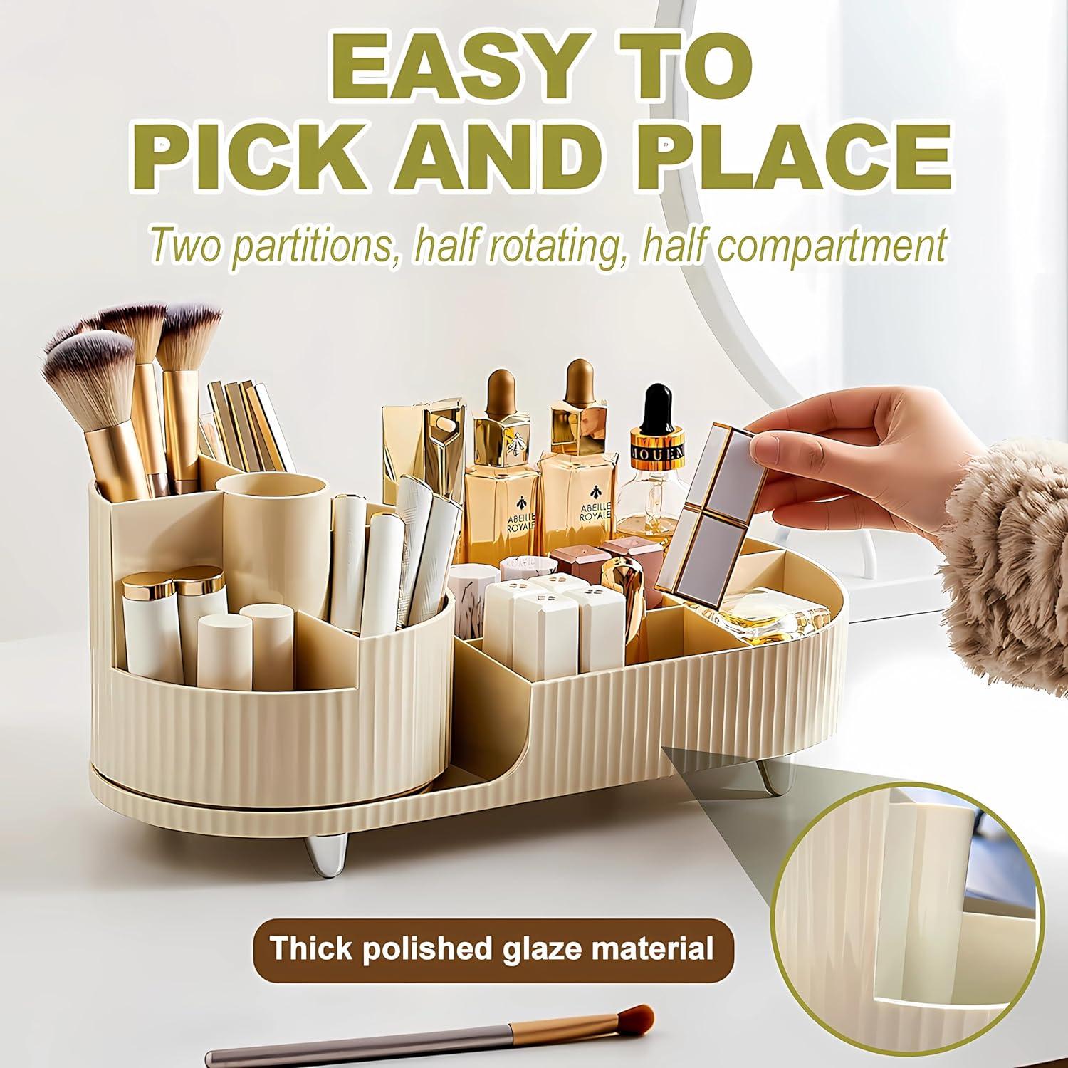 Make-up Organizer Drehbar 360°, 2-in-1 Kosmetik Aufbewahrung beige
