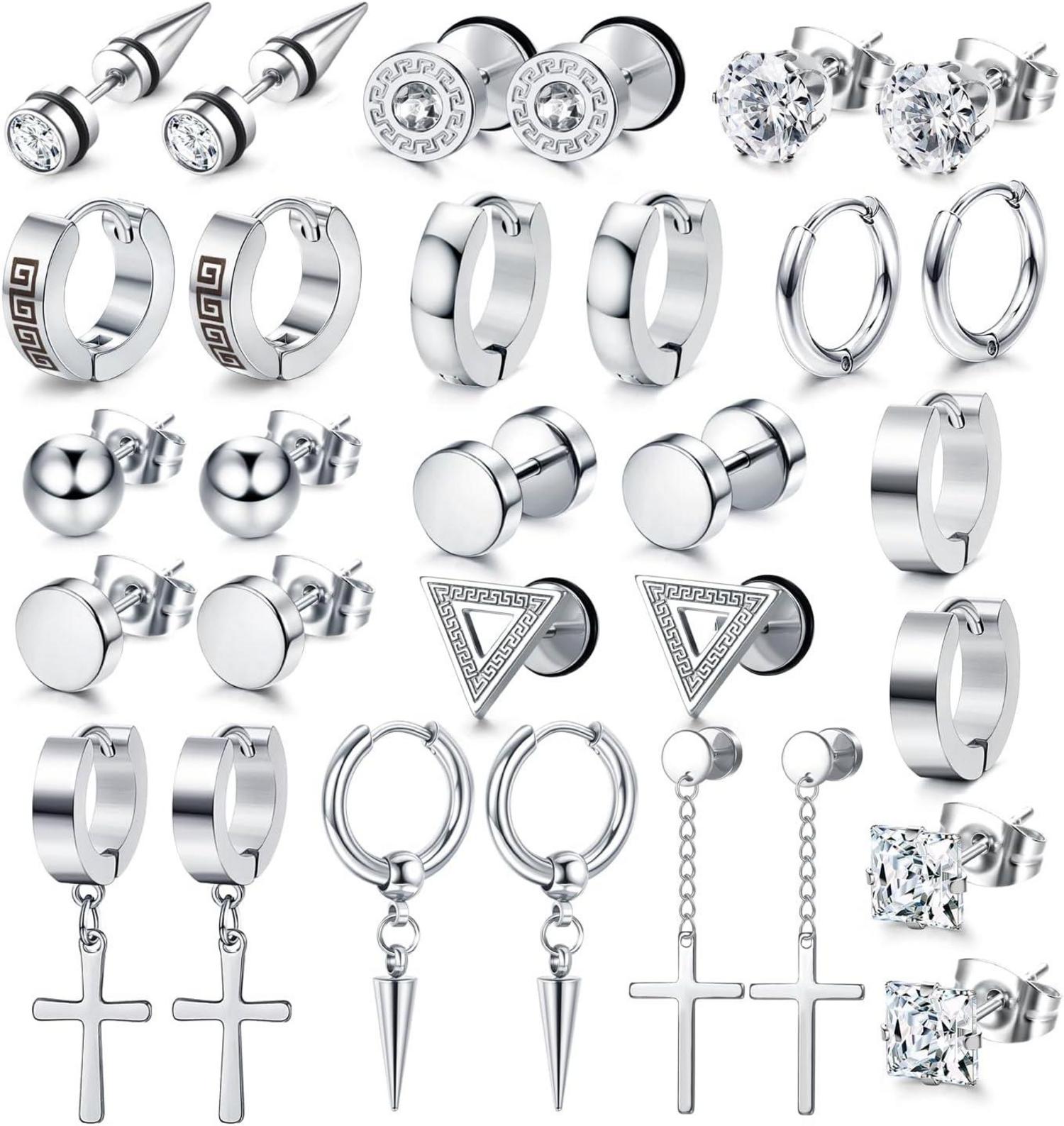 15er Set Schwarze & Silberne Zirkonia Ohrstecker für Herren