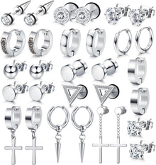 15er Set Schwarze & Silberne Zirkonia Ohrstecker für Herren