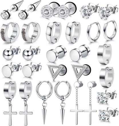 15er Set Schwarze & Silberne Zirkonia Ohrstecker für Herren