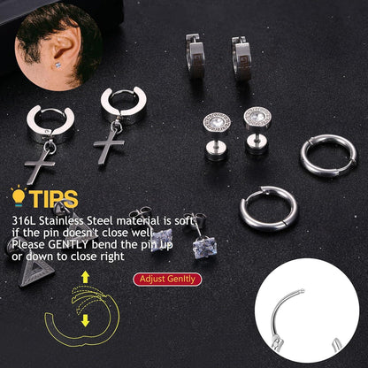 Herren Edelstahl Ohrringe Set Zirkonia Creolen Ohrstecker Schwarz/Silber