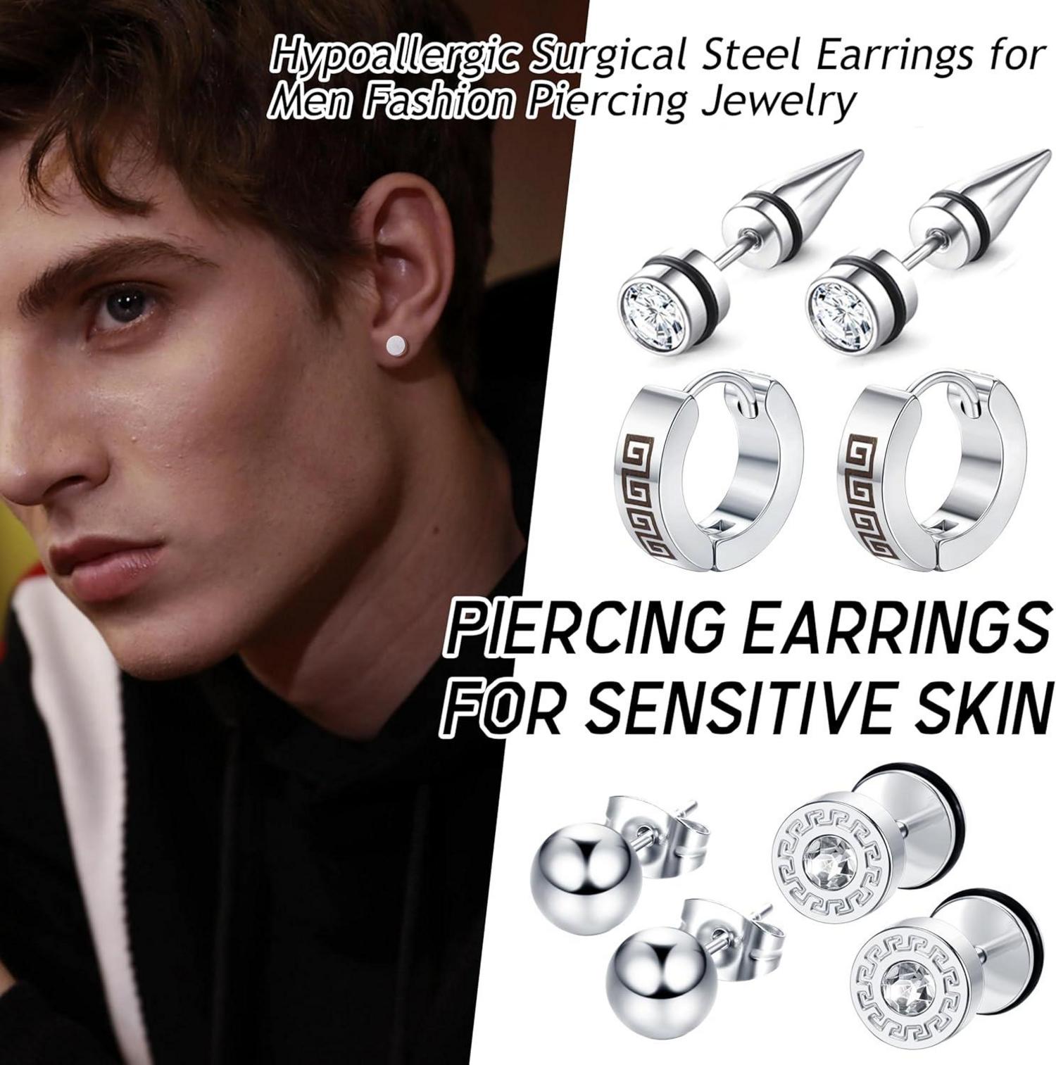 15er Set Herren Ohrringe Edelstahl Zirkonia Creolen Schwarz Silber