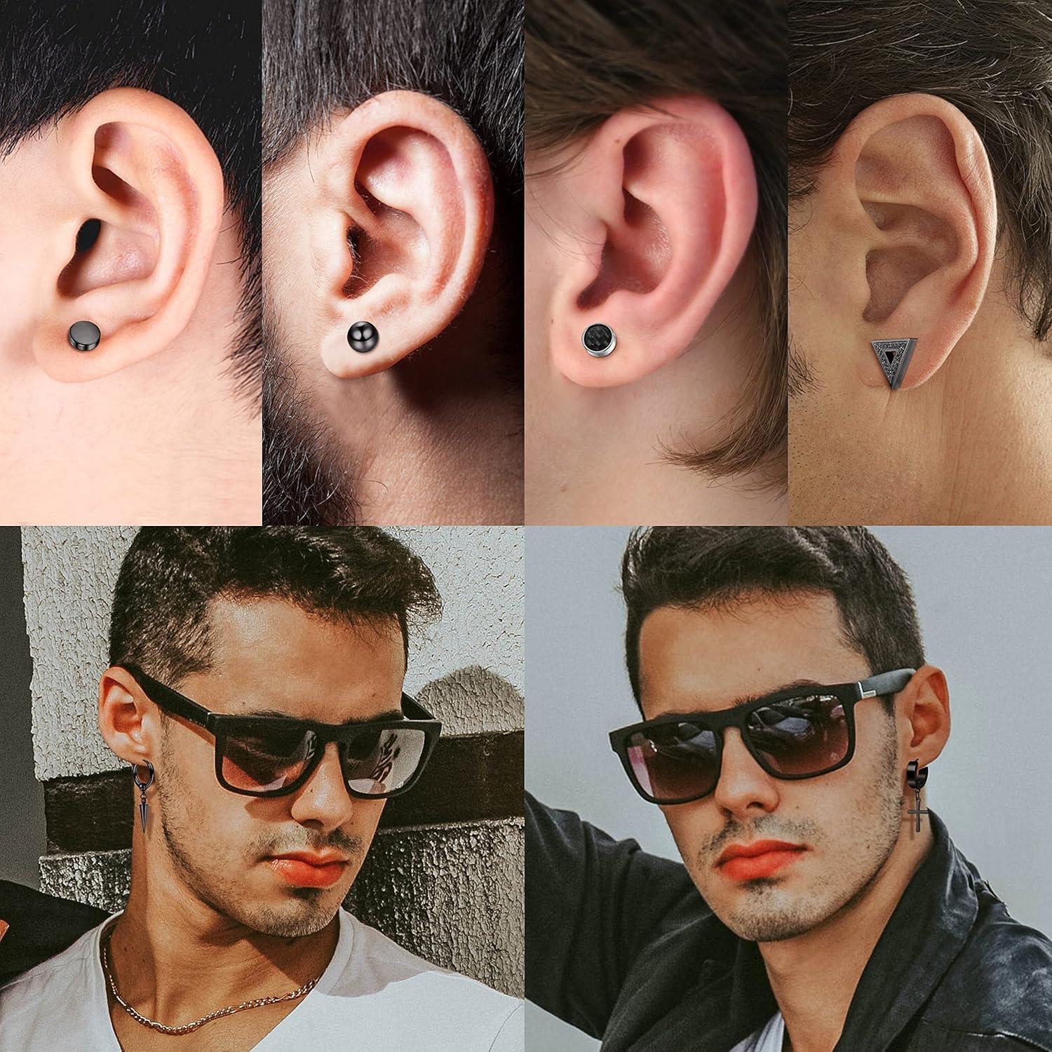 15-teiliges Herren Ohrringe Set Edelstahl Zirkonia Schwarz Silber