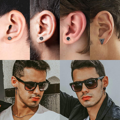 15-teiliges Herren Ohrringe Set Edelstahl Zirkonia Schwarz Silber