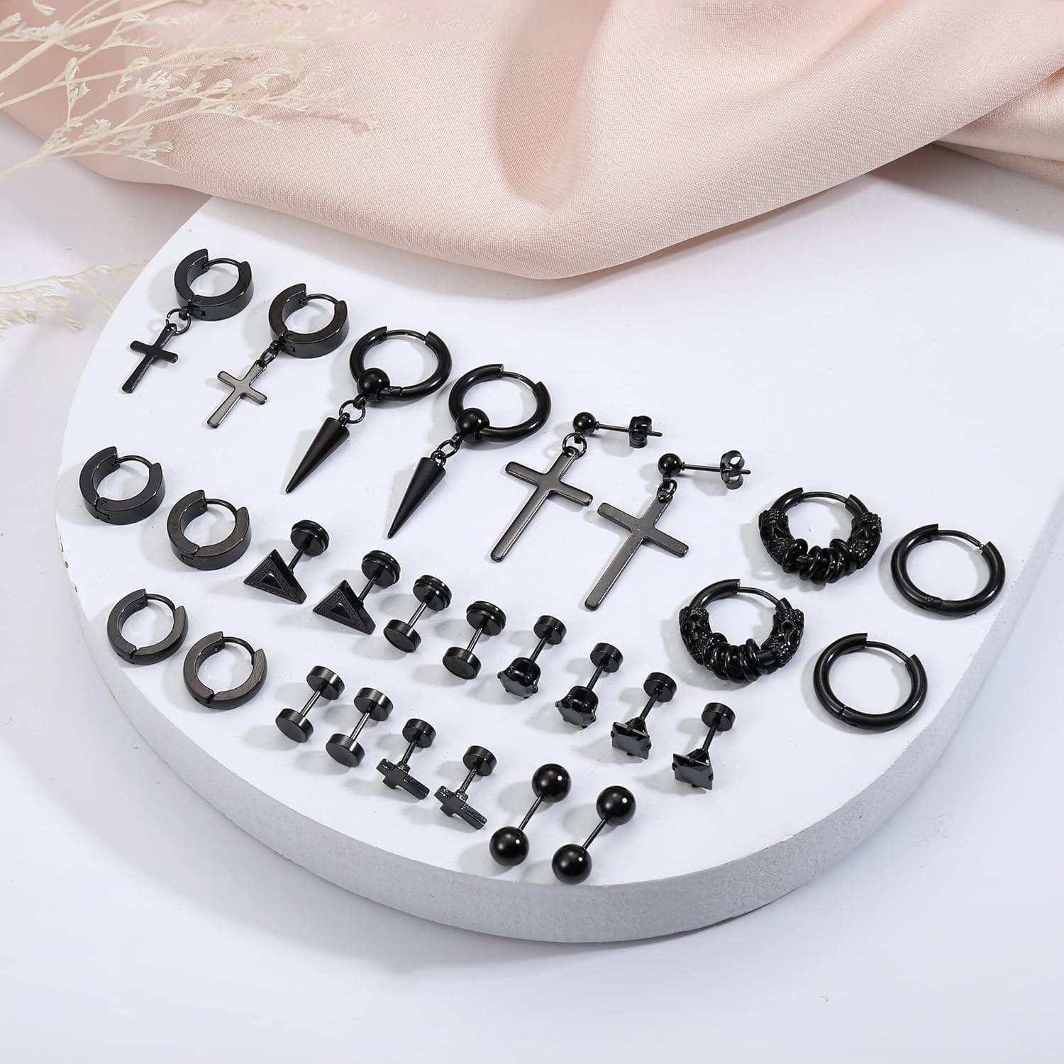 Herren Edelstahl Ohrringe Set Zirkonia Ohrstecker Schwarz/Silber