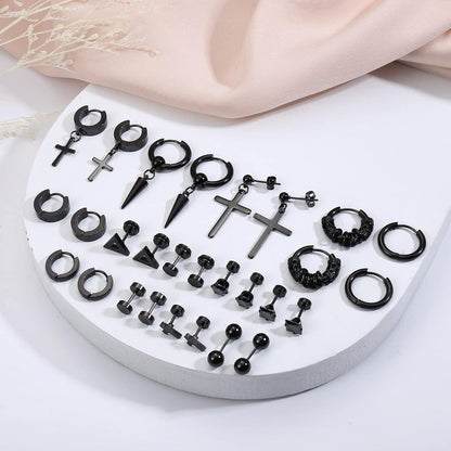 Herren Edelstahl Ohrringe Set Zirkonia Ohrstecker Schwarz/Silber