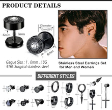 15 Paar Ohrringe Herren Edelstahl Set Zirkonia Kreuz Schwarz