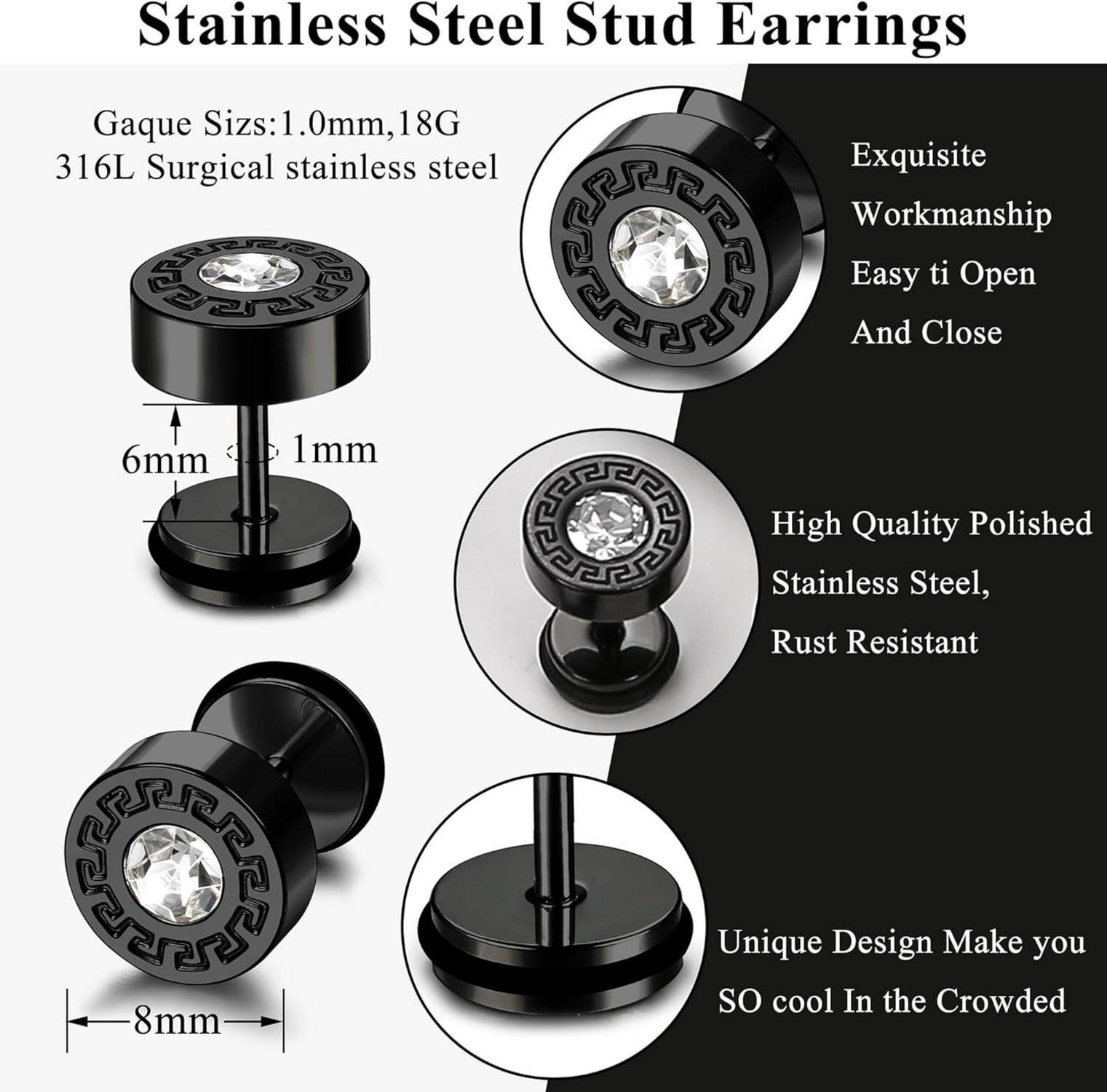 Ohrringe Herren Edelstahl Ohrstecker Zirkonia Set Creolen Schwarz/Silber