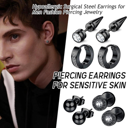 15 Paar Herren Edelstahl Ohrringe Zirkonia Creolen Set Schwarz/Silber