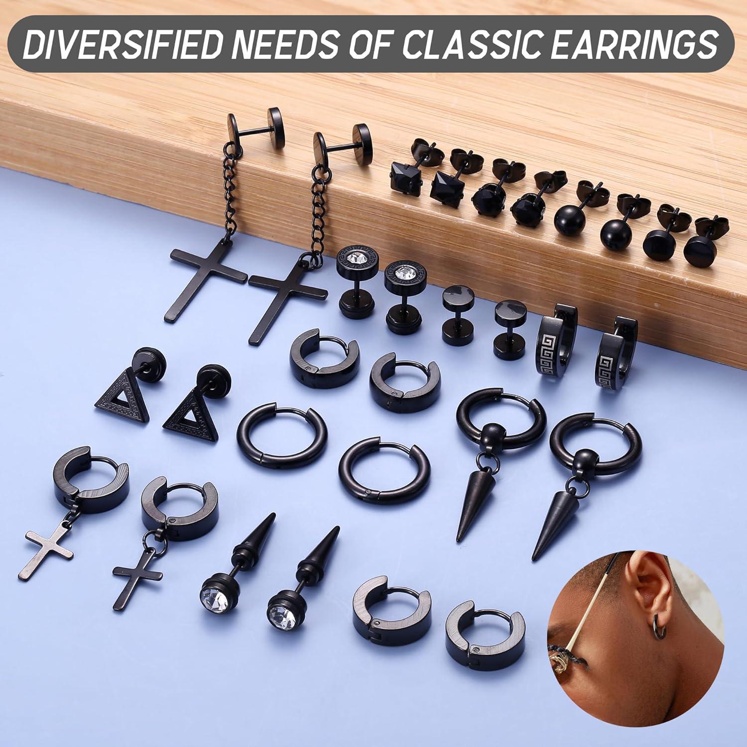 15 Paar Herren Edelstahl Ohrringe Zirkonia Creolen Set Schwarz/Silber