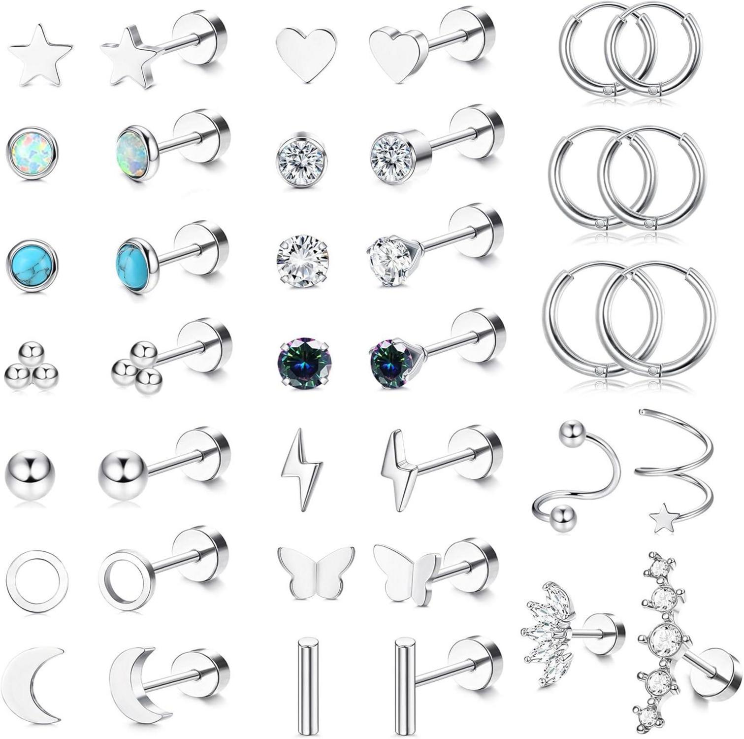 19 Paar Ohrringe Chirurgenstahl Damen Set Hypoallergen CZ Stern Mond