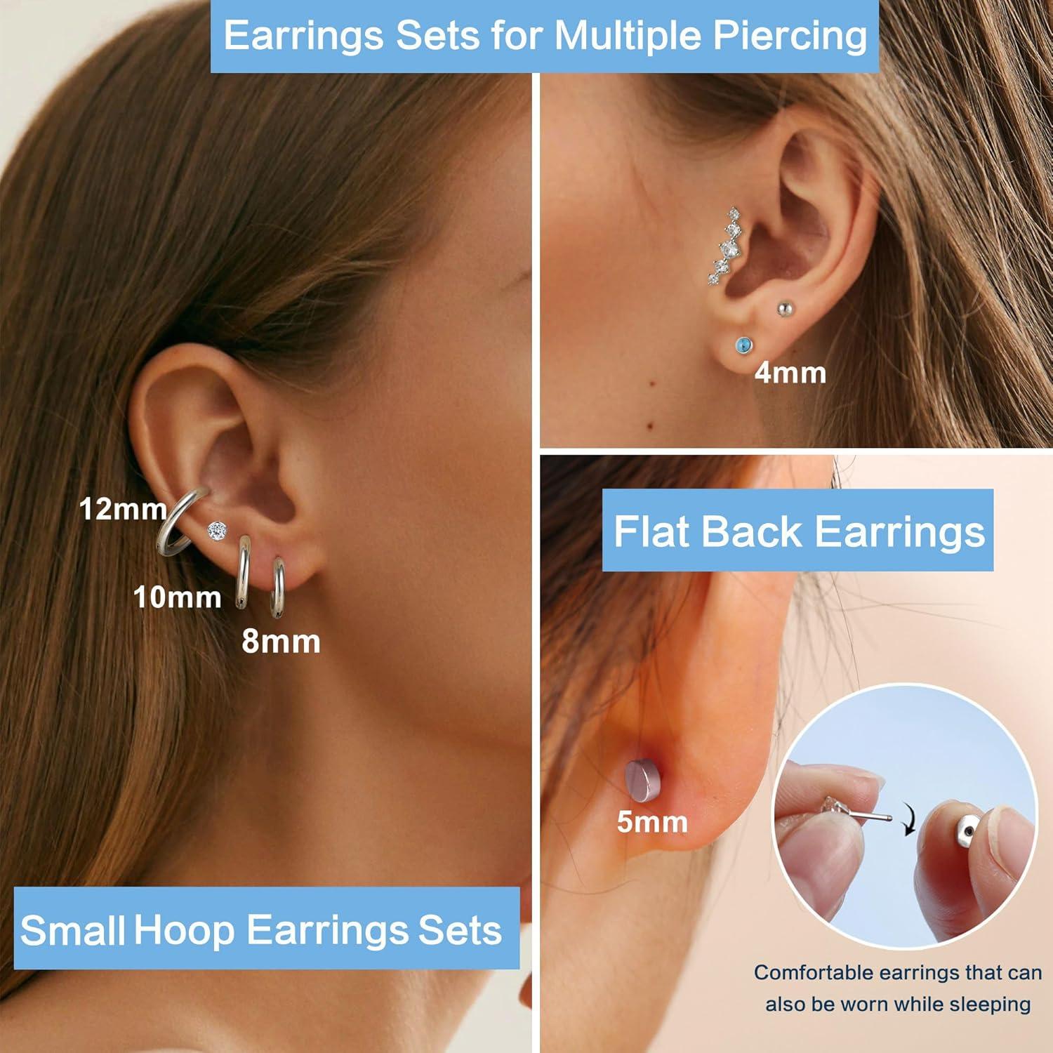 Chirurgenstahl Ohrringe Set 19 Paar Damen Helix Piercings Hypoallergen CZ Silber