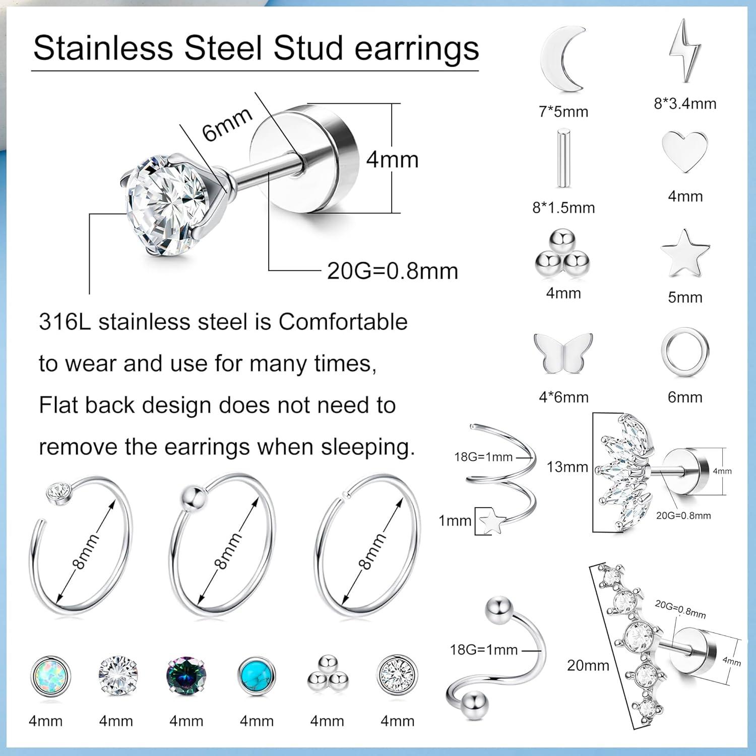 19Pairs Kleine Chirurgenstahl Ohrringe Set CZ Stern Mond