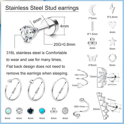 19Pairs Kleine Chirurgenstahl Ohrringe Set CZ Stern Mond