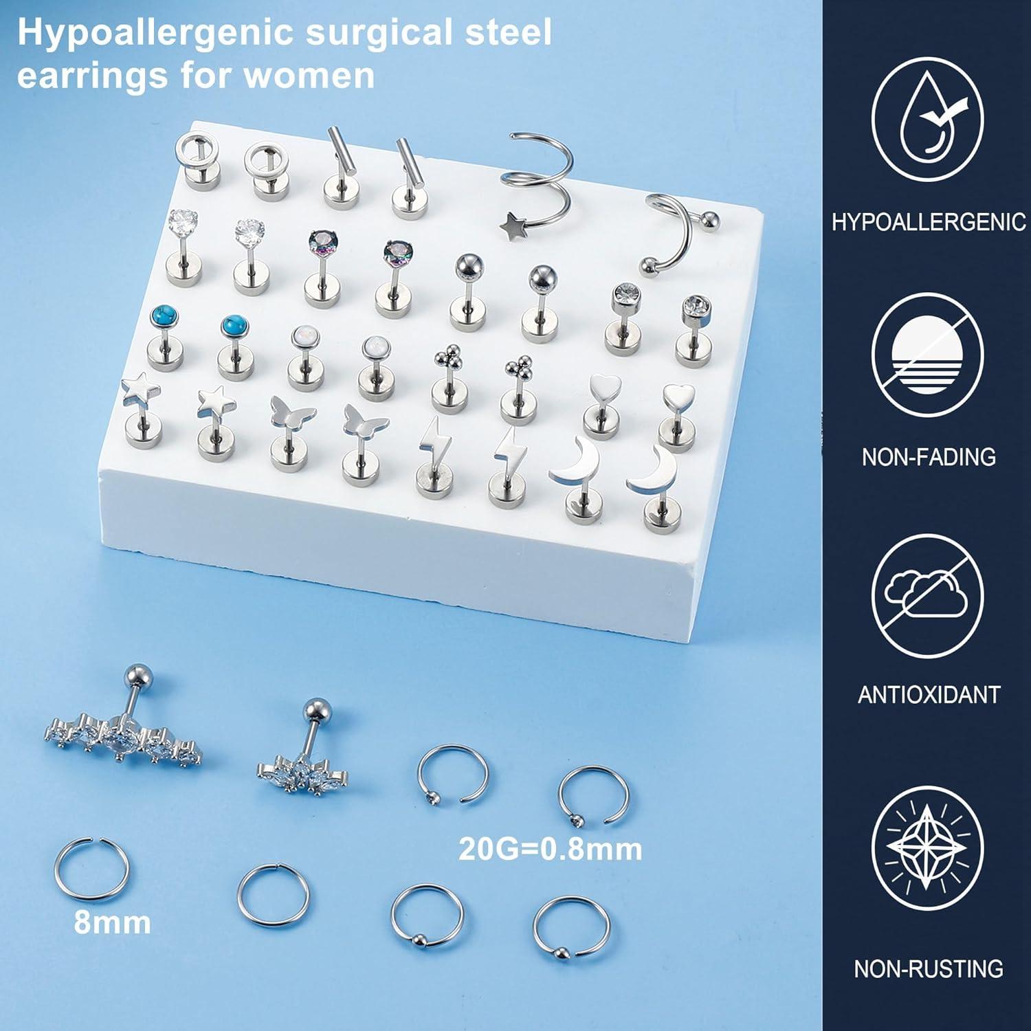 19 Paar Kleine Ohrringe Chirurgenstahl Damen Helix Piercings Set