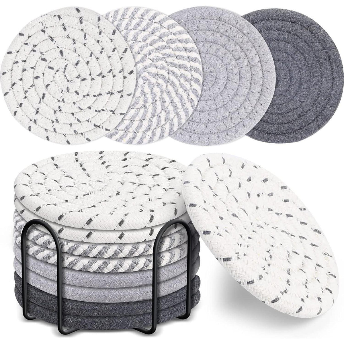 8er Set Baumwoll-Untersetzer mit Halter, Grau