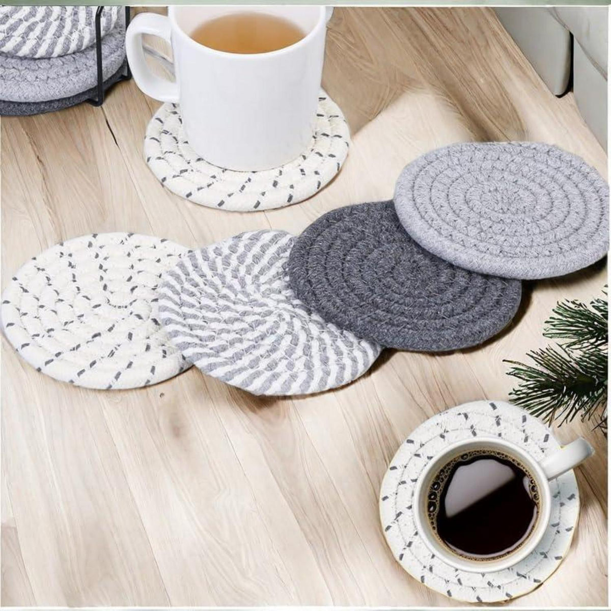 8er Set Baumwoll-Untersetzer mit Halter, Grau