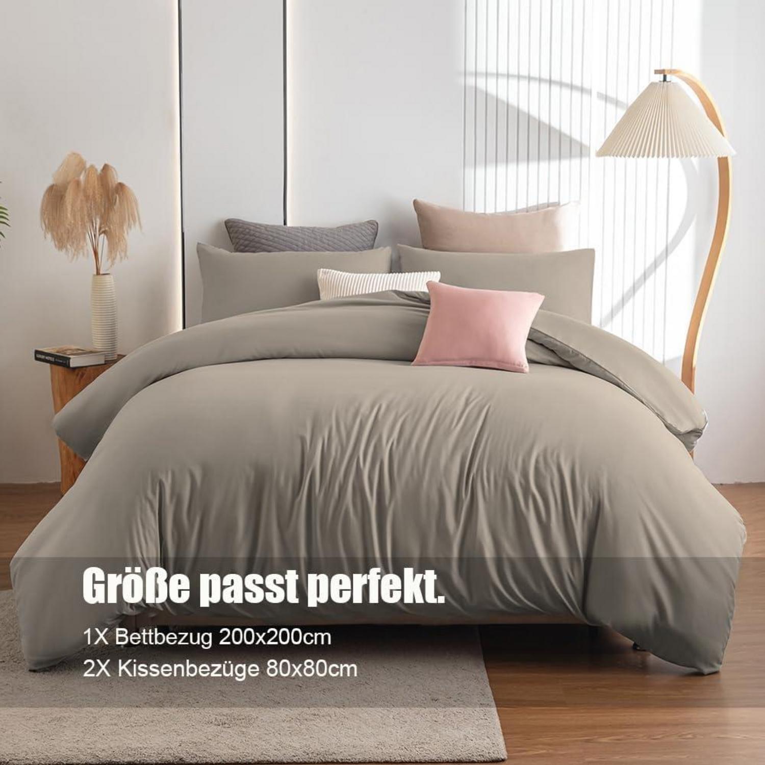 Bettwäsche 200x200 Taupe Set Mikrofaser Reißverschluss 2er Set 80x80 cm
